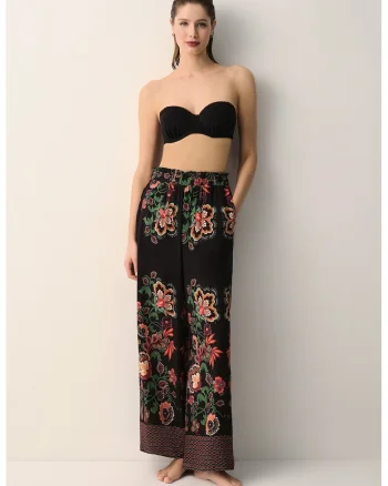 Pantaloni cu croiala ampla si model floral pentru plaja, Verde/Negru/Portocaliu mandarina