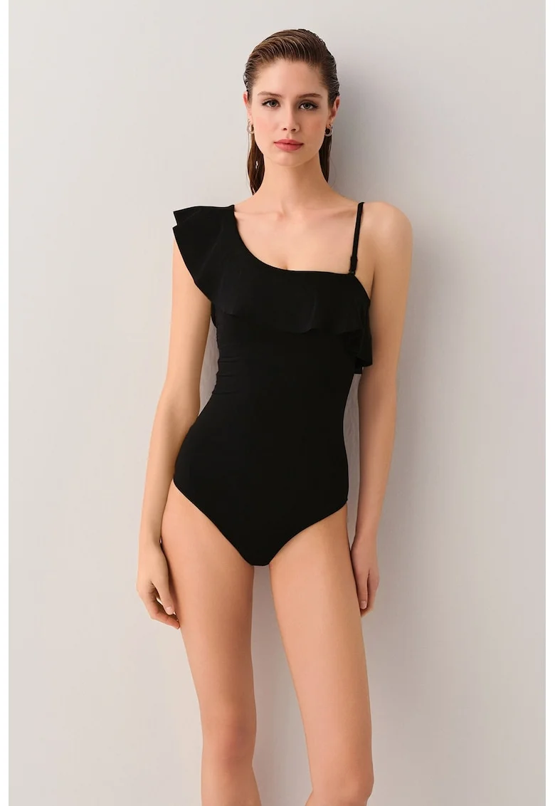 Costum de baie intreg cu volane, Negru