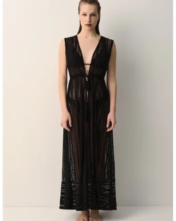 Rochie din dantela cu snururi laterale Adriana, Negru