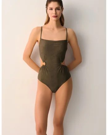 Costum de baie intreg cu model piele de reptila, Kaki inchis