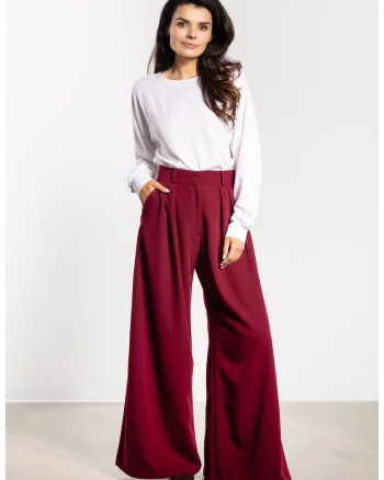 Pantaloni eleganti de dama cu picior larg si talie inalta A743, Visiniu