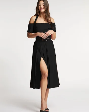 Rochie cocktail midi cu decolteu cu bretele dupa gat Chimera, Negru