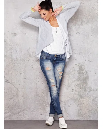 Sacou Tip Cardigan Casual Lejer De Dama Fara Inchidere,  Gri Deschis, Design Minimalist, Material Premium Din Bumbac Si Elastan, Maneci Lungi, Croiala Confortabila Ce Ofera Libertate De Miscare, Tinuta Practica De Zi Casual De Lux, Gri