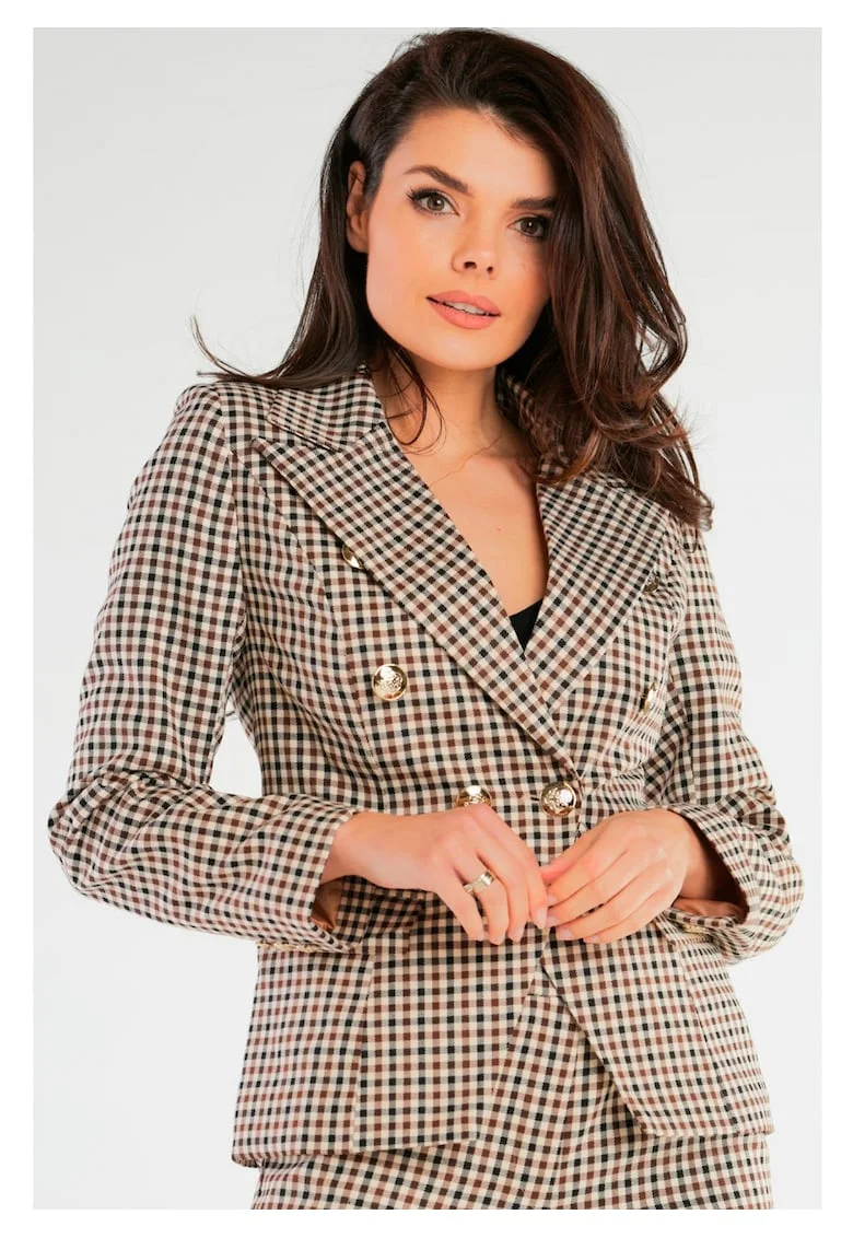 Sacou Cambrat Elegant Cu Doua Randuri De Nasturi,  Marimea XL, Maro, Imprimeu In Carouri, Material Premium, Rever Lat Deosebit, Inchidere Cu Nasturi Mari Aurii, Buzunare Cu Clape, Tinuta Office Perfecta Ce Accentueaza Talia, De Lux