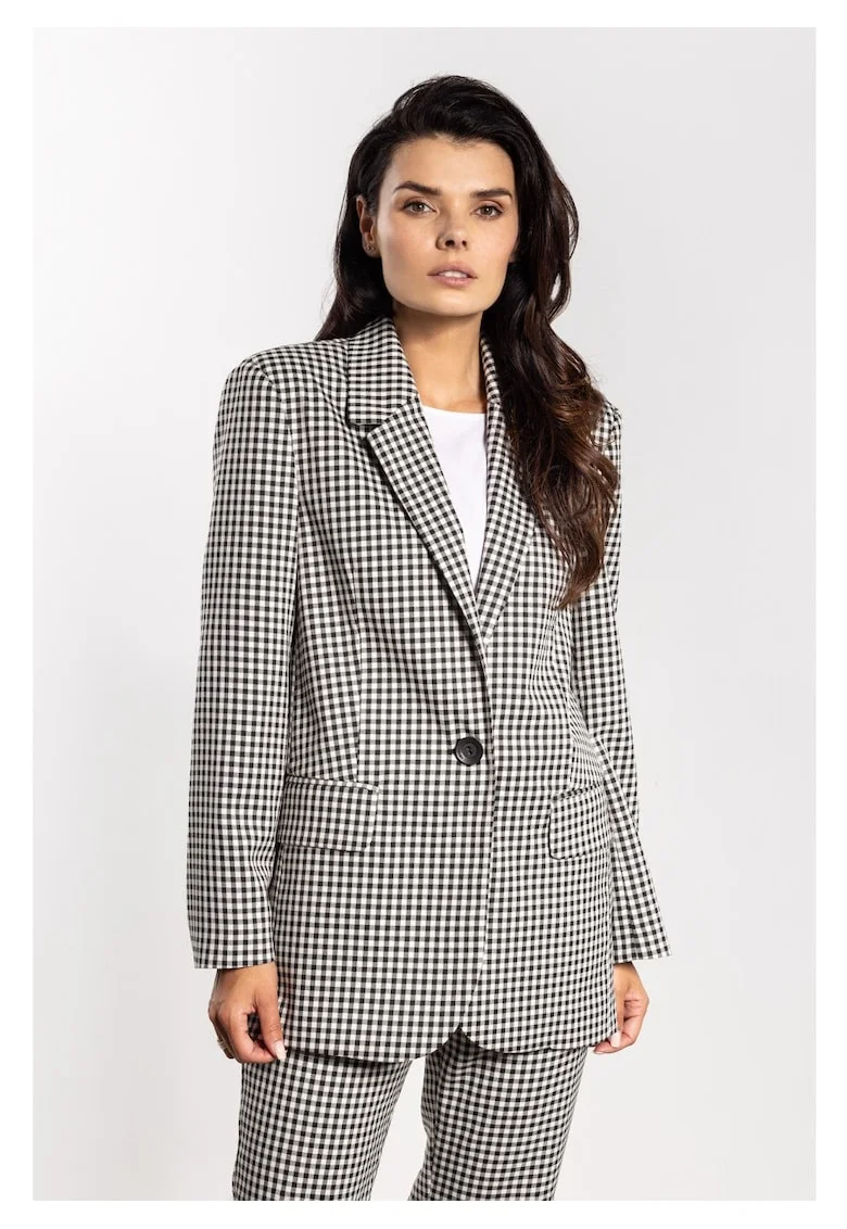 Sacou Elegant De Dama,  Marimea S, Negru Cu Alb, Imprimeu Clasic Atemporal In Carouri, Material Premium Cu Viscoza, Croiala Lejera Oversize Prevazuta Cu Buzunare Si Inchidere Cu Un Nasture, Haine Office De Lux Perfecte Pentru Toamna Iarna