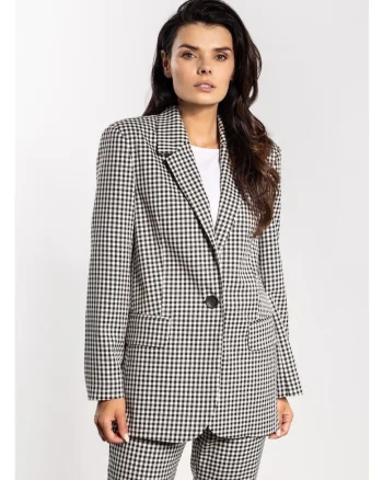 Sacou Elegant De Dama,  Marimea S, Negru Cu Alb, Imprimeu Clasic Atemporal In Carouri, Material Premium Cu Viscoza, Croiala Lejera Oversize Prevazuta Cu Buzunare Si Inchidere Cu Un Nasture, Haine Office De Lux Perfecte Pentru Toamna Iarna