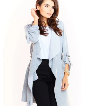 Sacou Casual De Dama Tip Cardigan Fara Inchidere,  Marimea S/M, Gri, Design Minimalist, Material Premium Moale Cu Bumbac Si Elastan, Croiala Confortabila Cu Talie Ajustabila Cu Snur, Maneci Lungi, Ideala Pentru Tinute De Zi, Lux