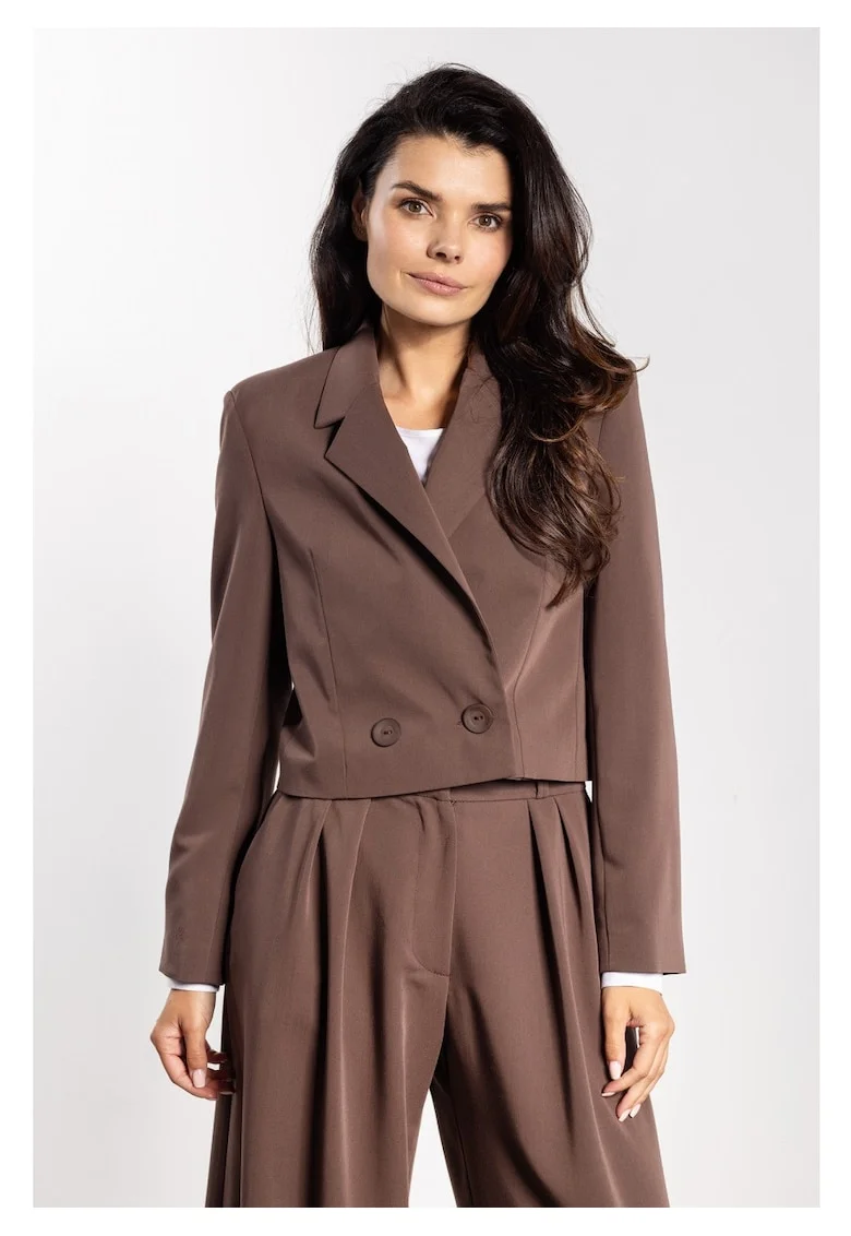 Sacou Elegant Scurt De Dama,  Design Cu Doua Randuri De Nasturi, Material Premium Cu Viscoza, Croiala Lejera Supradimensionata Office De Lux Pentru Iarna, Ciocolatiu