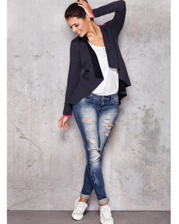 Sacou Tip Cardigan Casual Lejer De Dama Fara Inchidere,  Gri Grafit, Design Minimalist, Material Premium Din Bumbac Si Elastan, Maneci Lungi, Croiala Confortabila Ce Ofera Libertate De Miscare, Tinuta Practica De Zi Casual De Lux, Gri grafit
