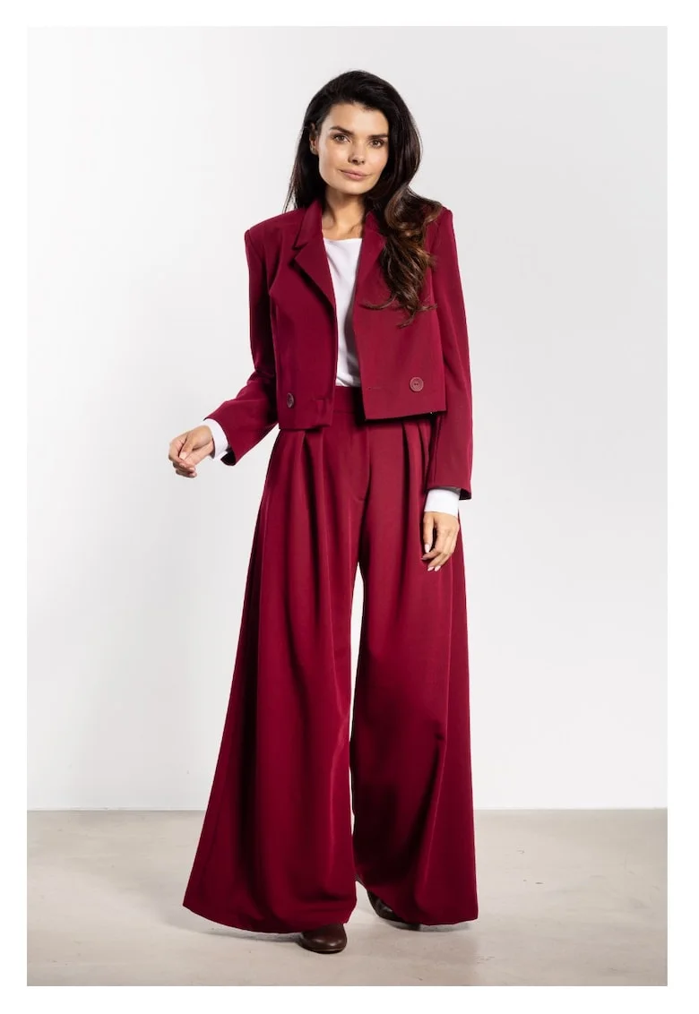 Sacou Elegant Scurt De Dama,  Visiniu Burgund, Design Modern Cu Doua Randuri De Nasturi, Material Premium Cu Viscoza, Croiala Lejera Supradimensionata Confortabila Si Foarte Versatila, Jacheta Casual De Lux Pentru Toamna Si Iarna, Rosu