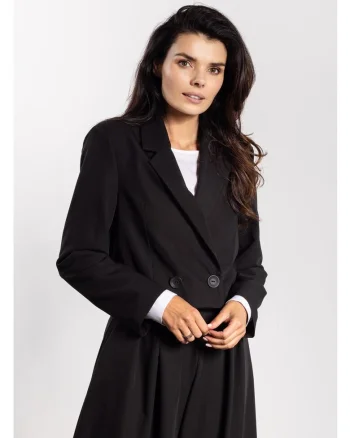 Sacou Elegant Scurt De Dama,  Negru, Design Cu Doua Randuri De Nasturi, Material Premium Cu Viscoza, Croiala Lejera Supradimensionata Pana In Talie, De Confortabil, Office De Lux, Toamna Iarna, Negru