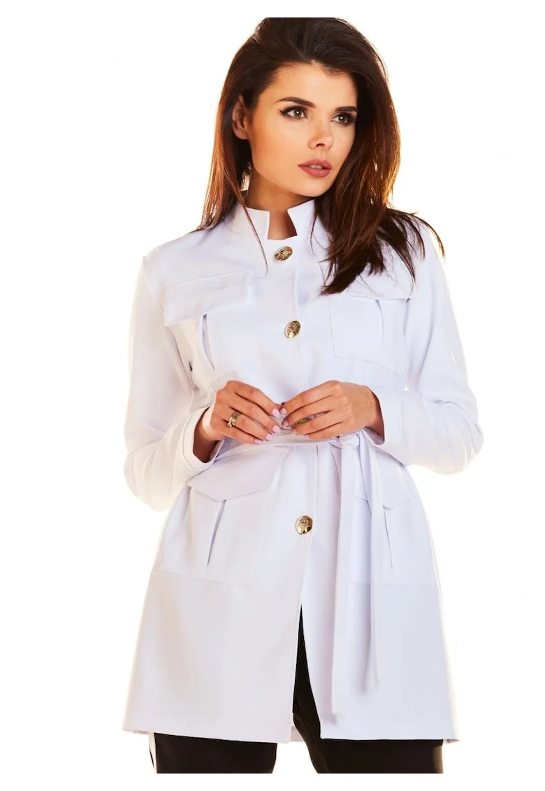 Sacou Elegant In Stil Militar De Dama,  Alb, Design Cu Guler Tunica Si Buzunare Mari, Material Premium Poliester Si Elastan, Croiala Relaxata Cu Talia Accentuata De O Curea De Legare, Nasturi Aurii, Jacheta Casual De Lux, Alb