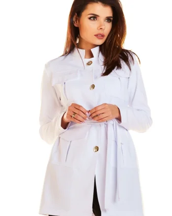 Sacou Elegant In Stil Militar De Dama,  Alb, Design Cu Guler Tunica Si Buzunare Mari, Material Premium Poliester Si Elastan, Croiala Relaxata Cu Talia Accentuata De O Curea De Legare, Nasturi Aurii, Jacheta Casual De Lux, Alb