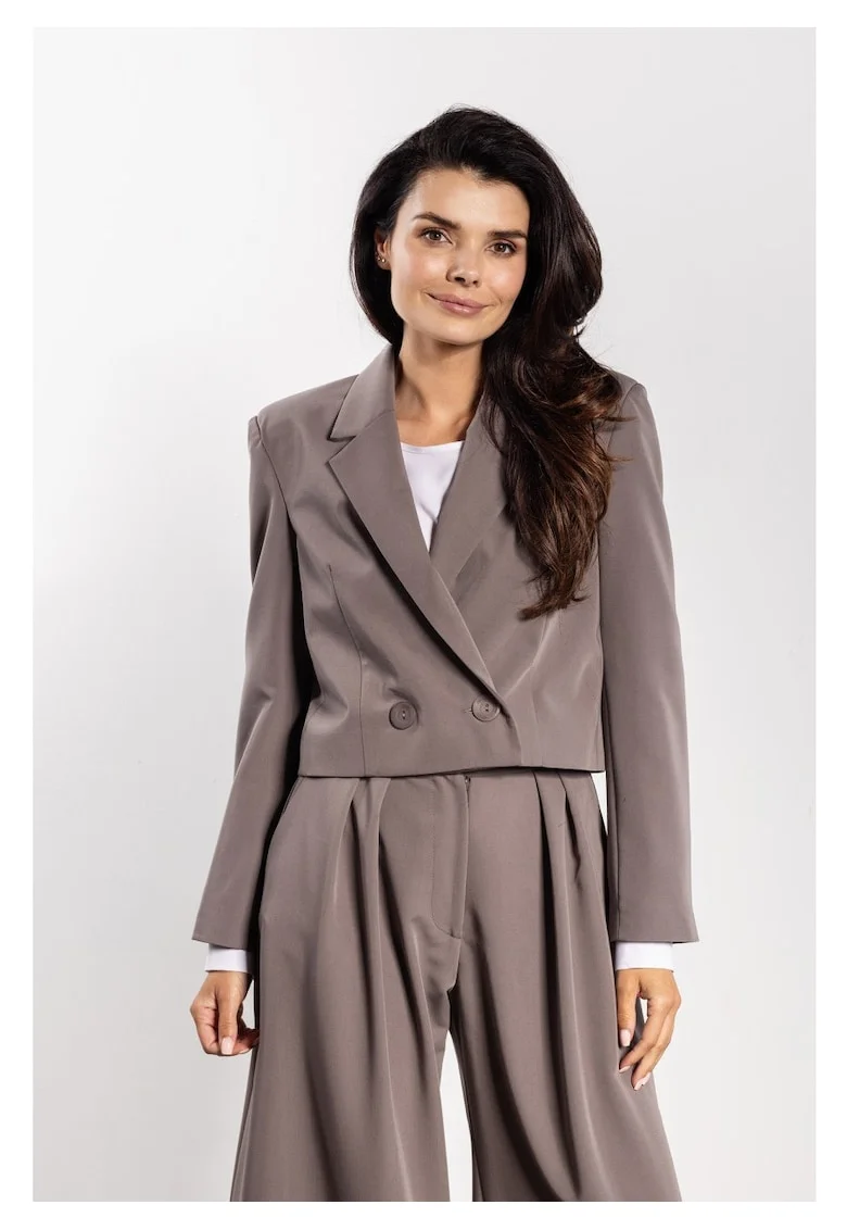 Sacou Elegant Scurt De Dama,  Design Cu Doua Randuri De Nasturi, Material Premium Cu Viscoza, Croiala Lejera Supradimensionata Office De Lux Pentru Iarna, Maro taupe