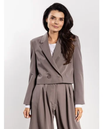 Sacou Elegant Scurt De Dama,  Design Cu Doua Randuri De Nasturi, Material Premium Cu Viscoza, Croiala Lejera Supradimensionata Office De Lux Pentru Iarna, Maro taupe