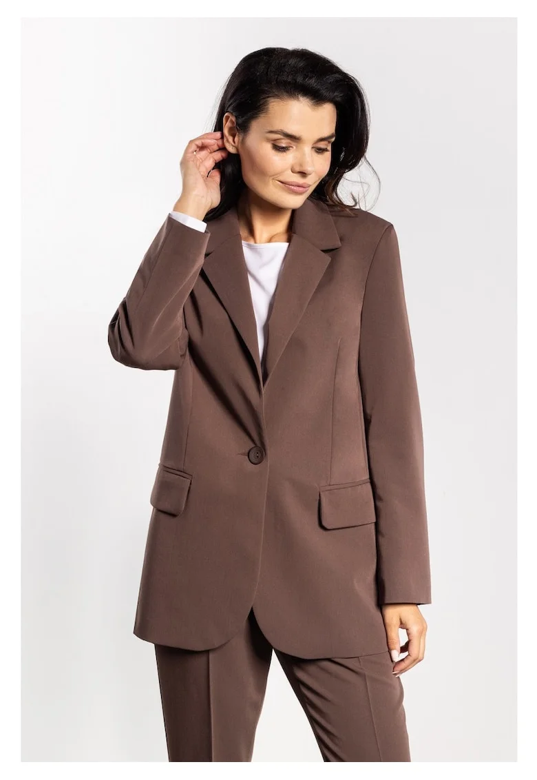 Sacou Elegant De Dama,  Maro Ciocolatiu, Design Clasic Cu Rever Si Inchidere Cu Un Nasture, Material Premium Confortabil Cu Viscoza, Croiala Lejera Prevazuta Cu Buzunare Cu Clape, Tinuta Office De Lux, Pentru Toamna Iarna, Ciocolatiu