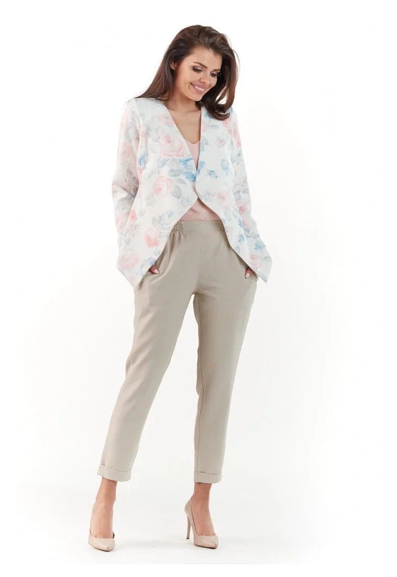 Sacou Elegant De Dama,  Flori Pastelate, Design Asimetric Cu Imprimeu, Material Premium Cu Elastan, Croiala Moderna Care Pune In Valoare Silueta, Tinuta Versatila Perfecta Pentru Evenimente Si Birou, Stil Casual-Elegant, De Lux, Alb crem