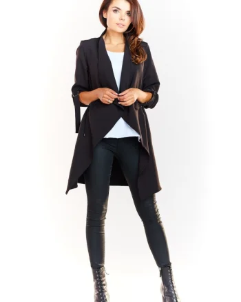 Sacou Elegant Lejera De Dama,  Bleumarin, Design In Stil Redingota Fara Inchidere, Material Calitativ Din Poliester Si Elastan, Maneci Lungi Cu Aplicatii Metalice, Clape Mari In Fata, Croiala Confortabila, Casual Lux, Albastru inchis