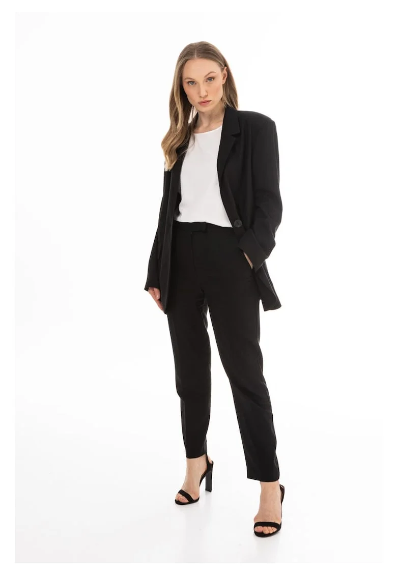 Sacou Casual Elegant De Dama,  Negru, Design Clasic Minimalist, Material Premium Natural Cu In Bumbac Si Viscoza, Croiala Confortabila Prevazuta Cu Rever Si Buzunare Cu Clape, Jacheta Racoroasa Versatila Pentru Vara, Lux, Negru