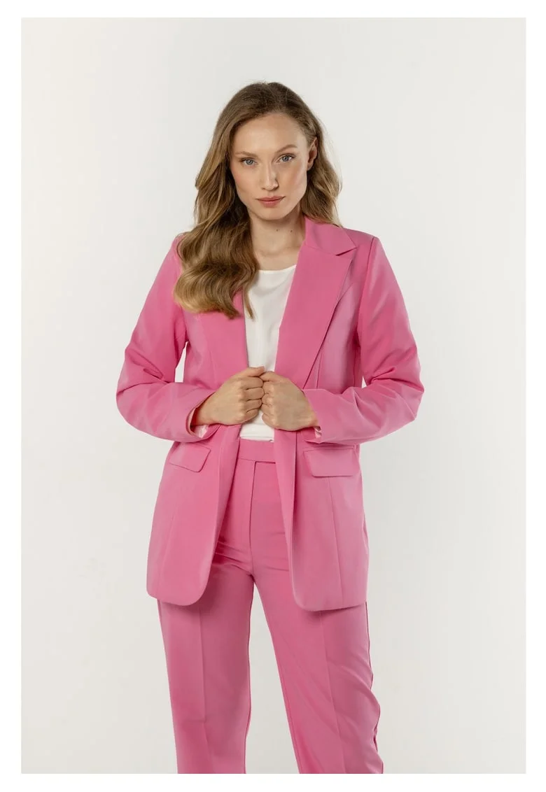 Sacou Elegant Lejer De Dama,  Roz, Design Supradimensionat Oversize, Material Premium Cu Viscoza Si Elastan, Croiala Alungita Foarte Confortabila Prevazuta Cu Rever Clasic Si Buzunare, Tinuta De Birou Sau Evenimente, De Lux, Roz