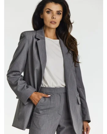 Sacou Elegant Lejer De Dama,  Marimea M, Gri, Design Minimalist Clasic, Material Premium Cu Viscoza, Croiala Casual Confortabila Prevazuta Cu Buzunare Cu Clape Si Inchidere Cu Un Nasture, Captuseala Cu Imprimeu Contrastant, Office Lux