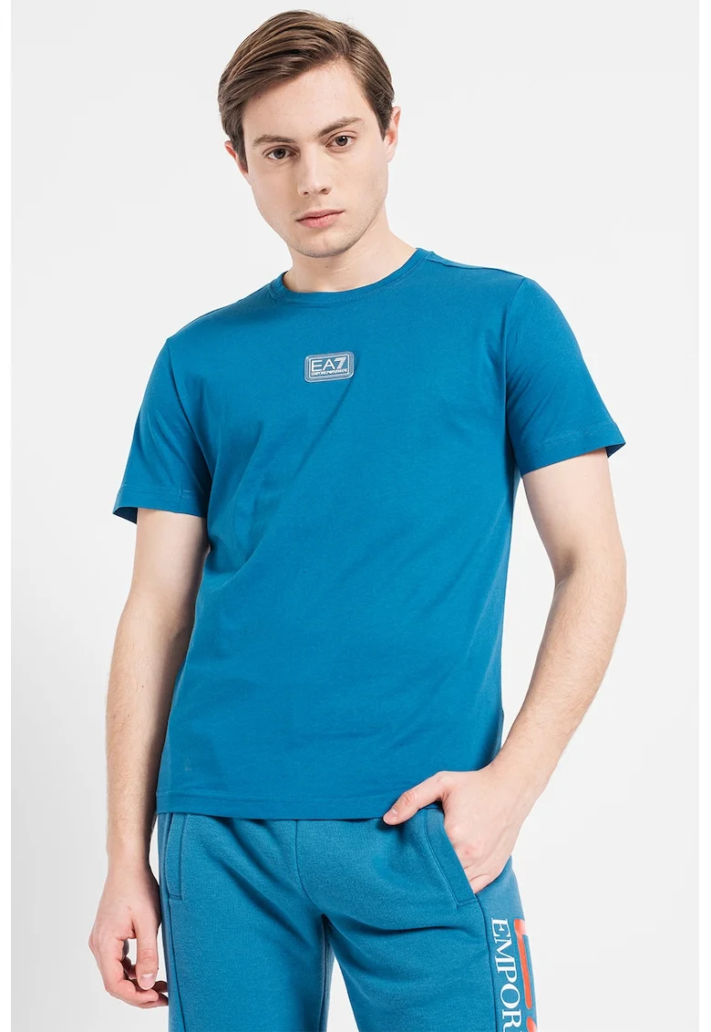 Tricou de bumbac cu aplicatie logo, Albastru