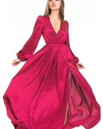 Rochie maxi evazata cu slit si model petrecut, Roz fucsia