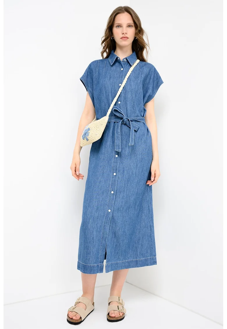 Rochie din denim cu maneci scurte si buzunare, Albastru prafuit