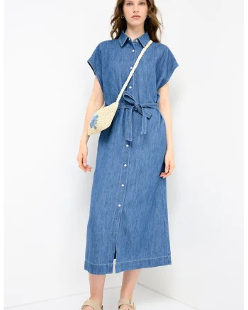 Rochie din denim cu maneci scurte si buzunare, Albastru prafuit