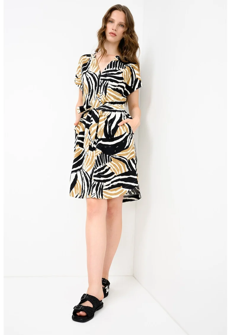 Rochie din amestec de in cu inchidere cu cordon, Negru/Kaki/Bej deschis