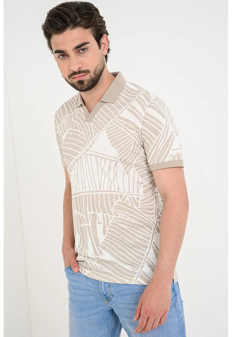 Tricou polo din amestec de in cu croiala slim-fit, Alb fildes/Bej deschis