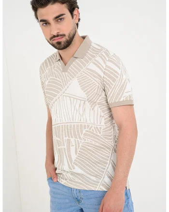 Tricou polo din amestec de in cu croiala slim-fit, Alb fildes/Bej deschis