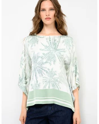 Bluza cu aspect de satin, maneci evazate si model, Verde/Bej