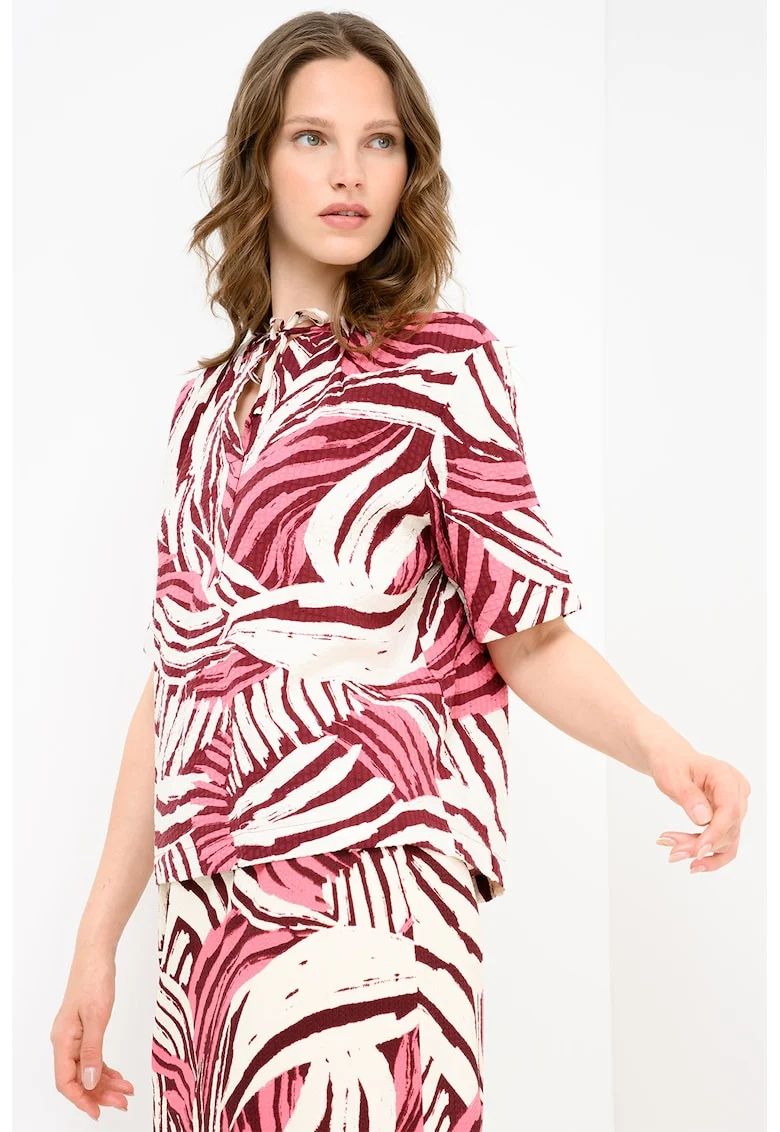 Bluza cu maneci medi, decolteu cu snur si model, Violet/Bej/Roz