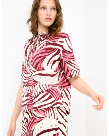 Bluza cu maneci medi, decolteu cu snur si model, Violet/Bej/Roz