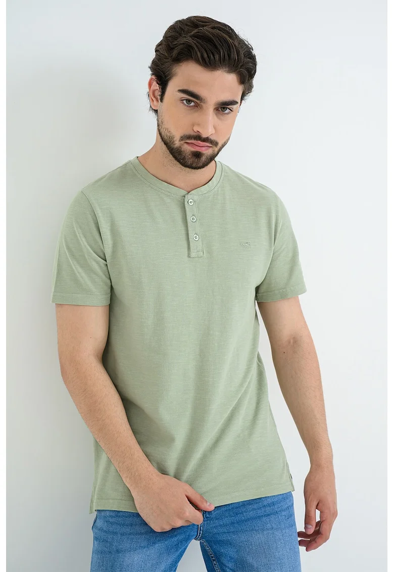 Tricou din bumbac cu fenta cu nasturi Acton, Verde masliniu pal