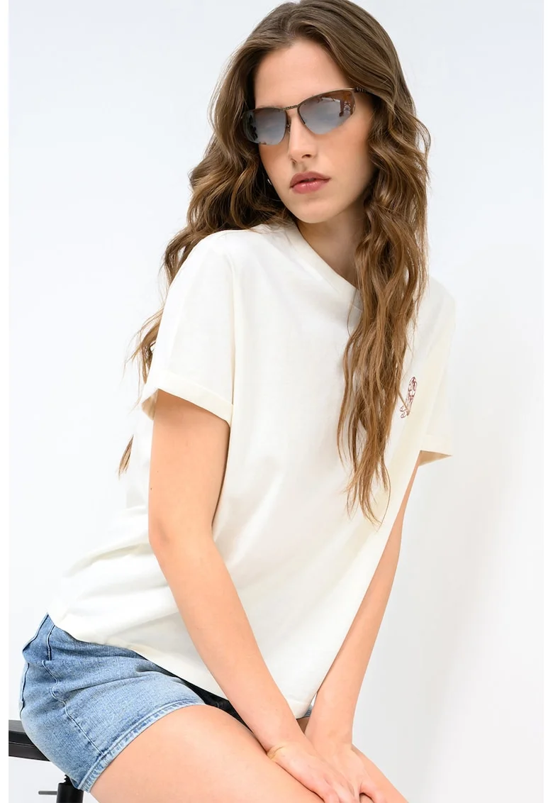 Tricou din bumbac cu broderie discreta Monroe, Alb fildes
