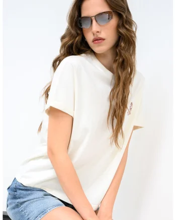 Tricou din bumbac cu broderie discreta Monroe, Alb fildes