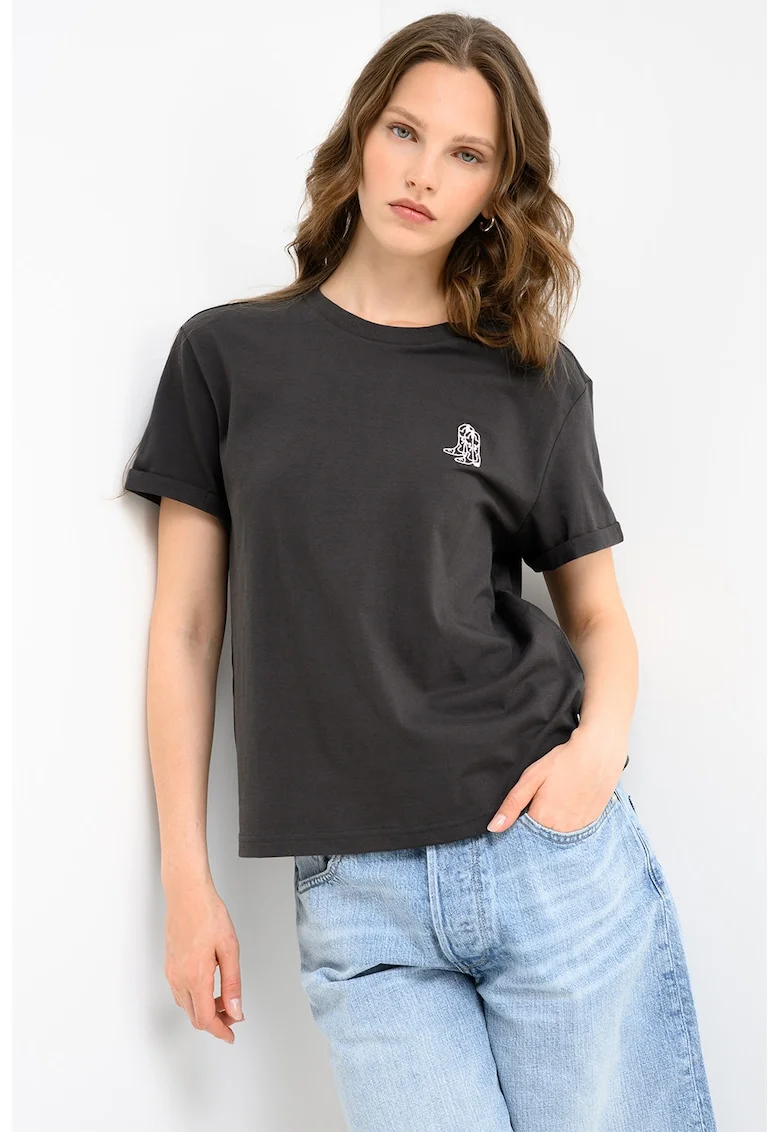 Tricou din bumbac cu broderie discreta Monroe, Negru carbon