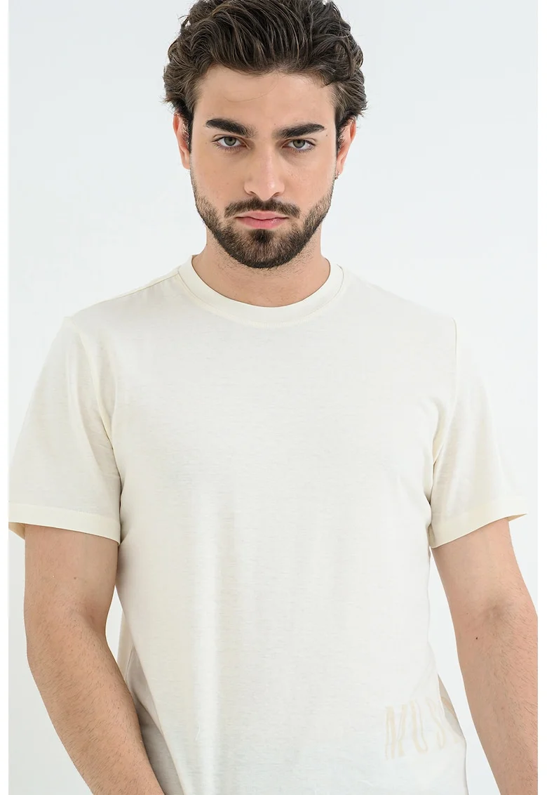 Tricou din bumbac cu decolteu la baza gatului Austin, Alb fildes/Maro camel
