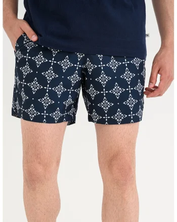 Pantaloni scurti de baie cu snururi si imprimeu, Bleumarin