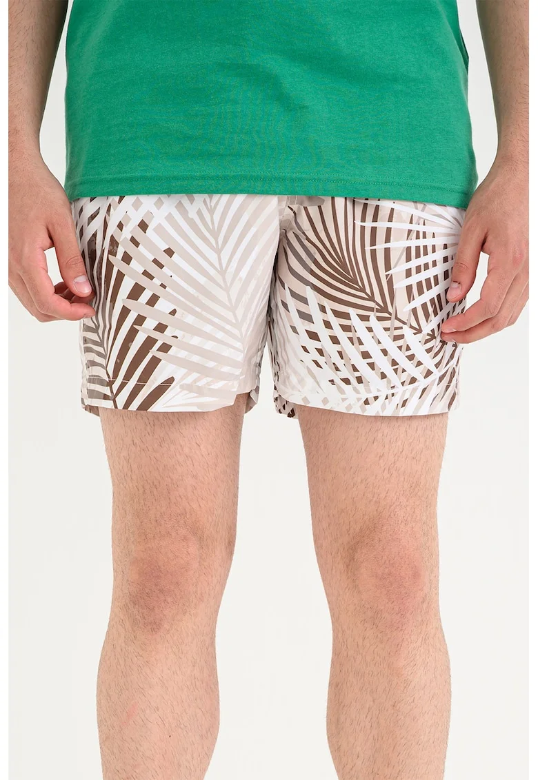 Pantaloni scurti de baie cu snururi si imprimeu, Bej/Maro taupe deschis
