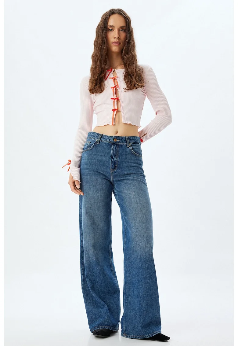 Bluza crop striata cu funde, Roz pastel