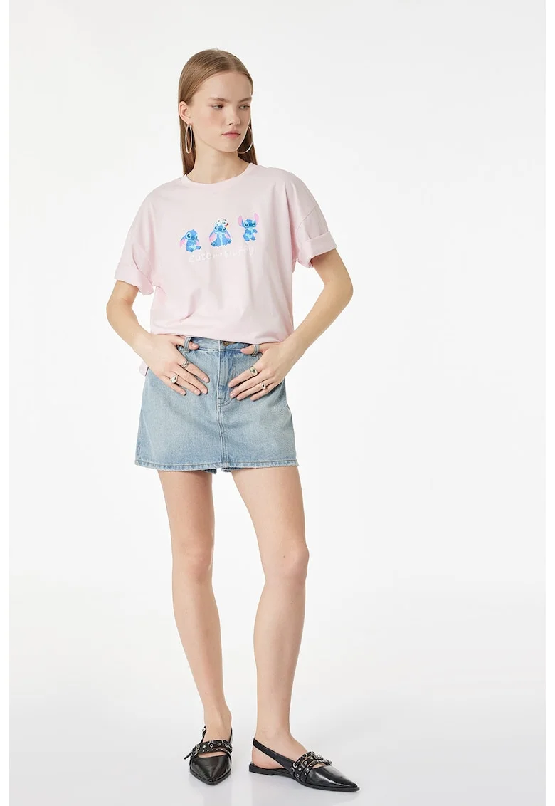 Tricou de bumbac cu imprimeu Stitch, Roz pal/Albastru deschis/Albastru