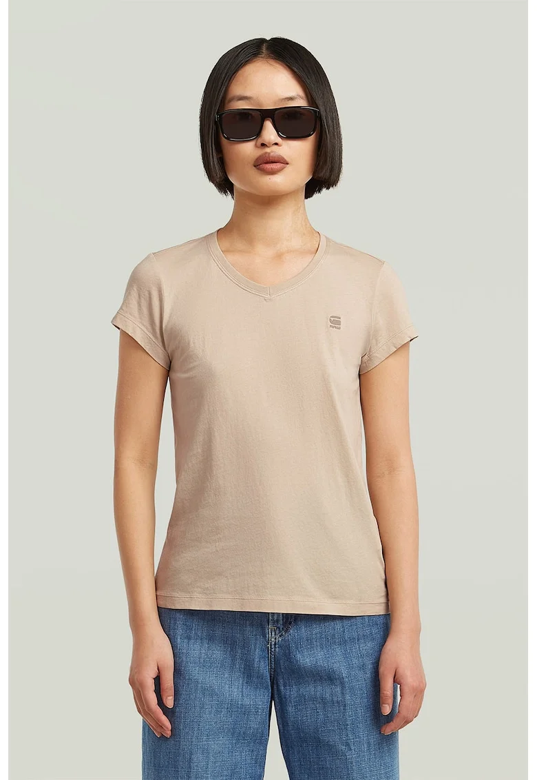 Tricou de bumbac organic cu decolteu in V Eyben, Bej inchis