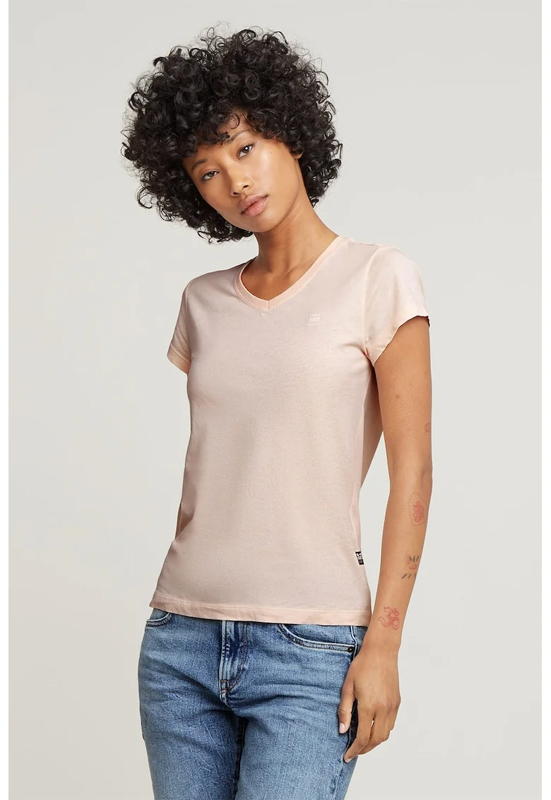 Tricou de bumbac organic cu decolteu in V Eyben, Nude rose