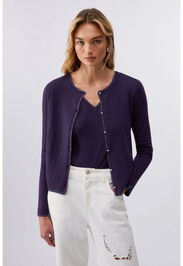 Cardigan tricotat cu decolteu rotund, Violet aubergine
