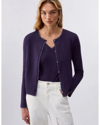 Cardigan tricotat cu decolteu rotund, Violet aubergine