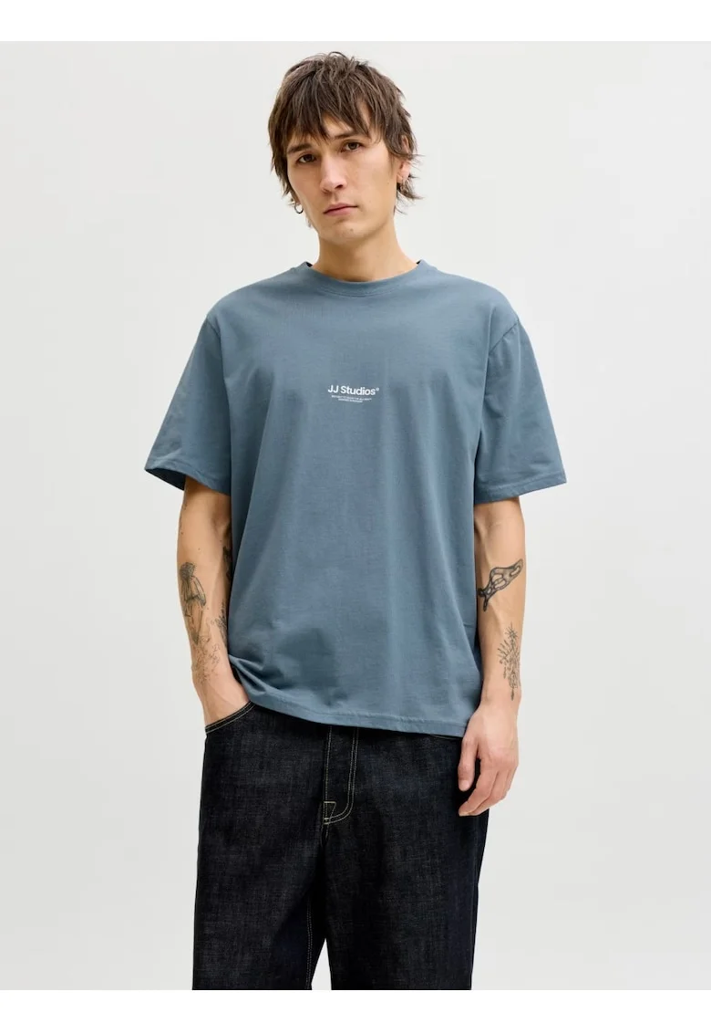 Tricou barbati, JJESOHO TEE SS, la baza gatului, Relaxed Fit, Crem, Albastru inchis