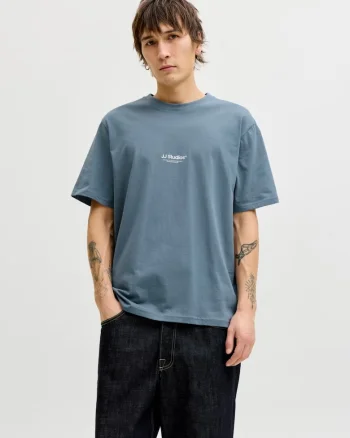 Tricou barbati, JJESOHO TEE SS, la baza gatului, Relaxed Fit, Crem, Albastru inchis
